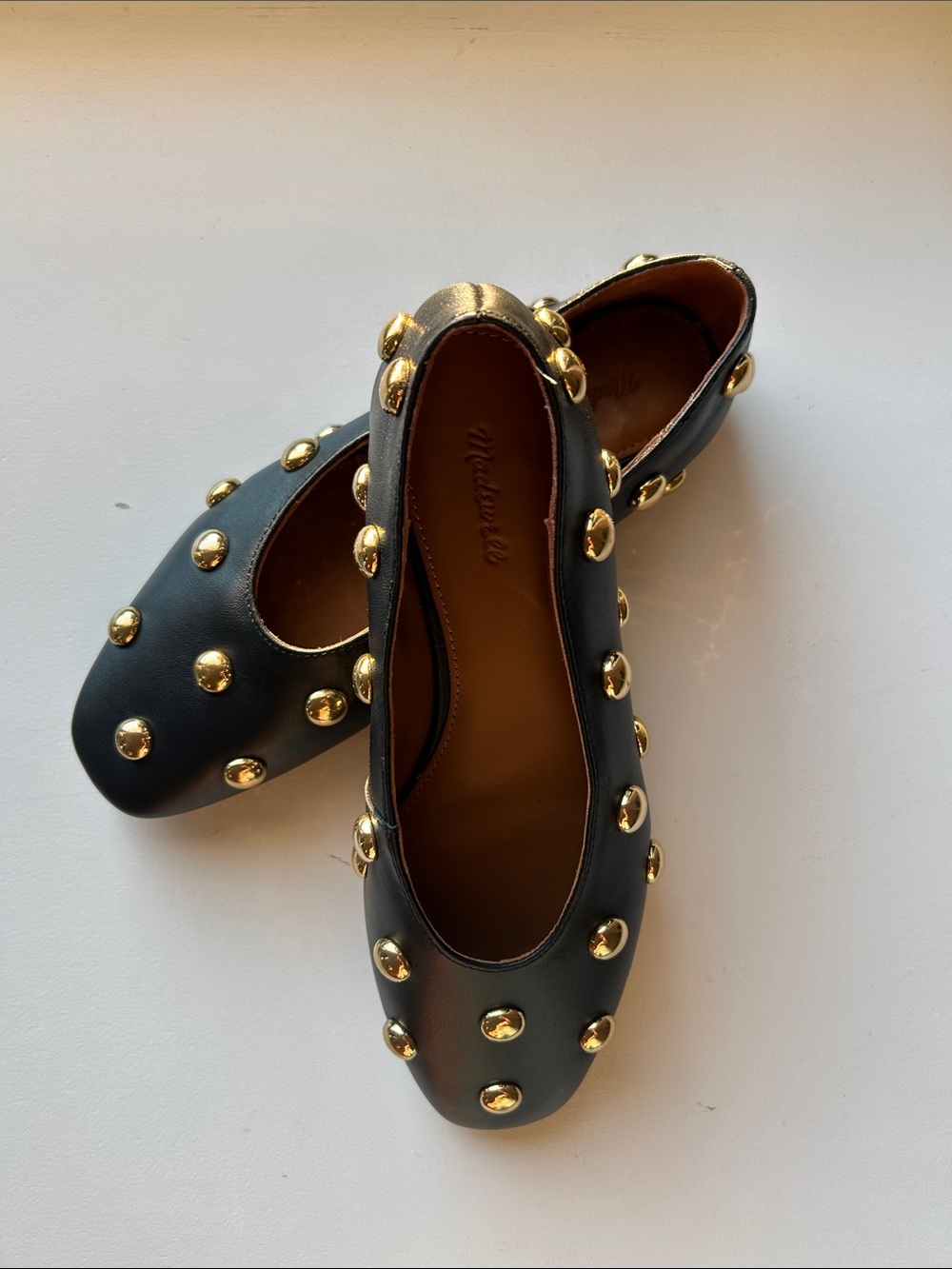 New Madewell Black Leather Ballet Flats with Gold Studs